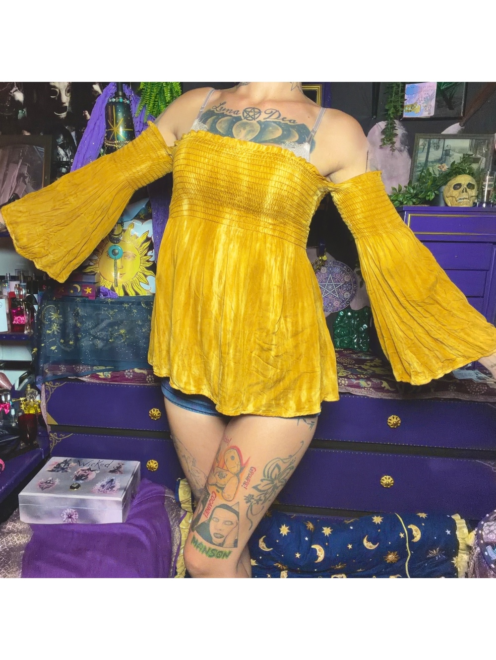Boho Golden Yellow Open Shoulder Smocked Bell Sleeve Top Small